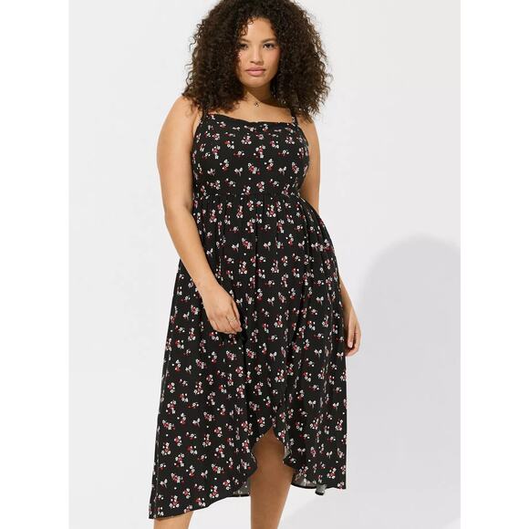 New Torrid Tea Length Challis Square Neck Dress Black Smocked Pocket Strap Sz 1 - Picture 1 of 12